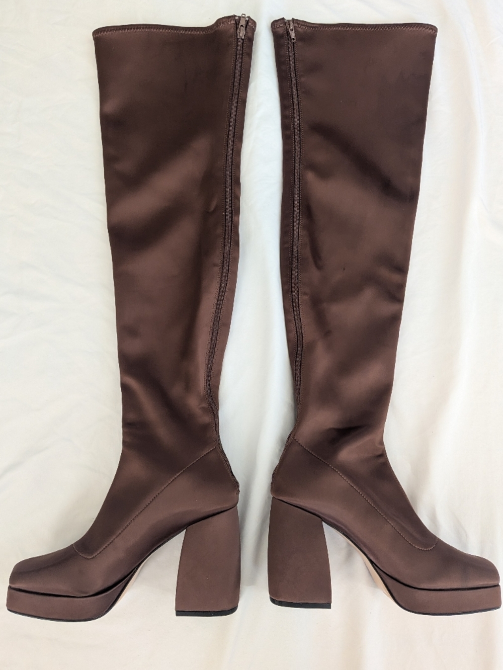 Katy Perry Brown Satin UpliftOTK Over the Knee High Heel Zip Platform Boot Sz 10